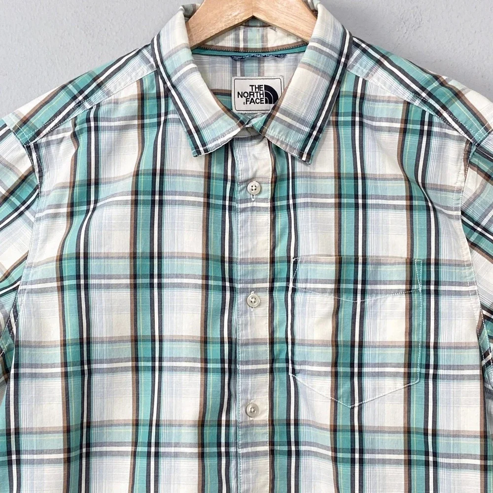 The North Face Mens Plaid Short Sleeve Button Up‎ Shirt Size L Blue Check Casual
